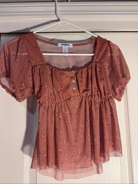 RSQ Dusty Rose Floral Puff-Sleeve Peplum Blouse